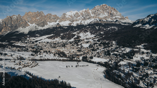 Dolomites - Beautiful panoramic sunset landscape Stunning airial view on the top Dolomiti Alps Mountains from drone on summer day, Italy, south Tyrol Europe