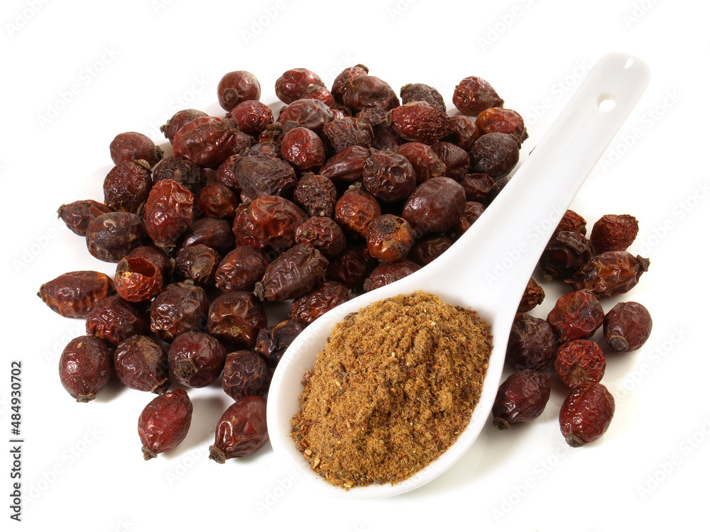 Dried Rosehip with Fruit Powder isolated on white Background Dried Rosehip with Fruit Powder isolated on white Background