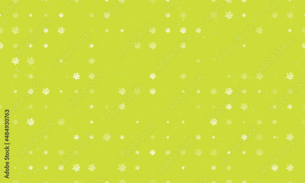 Seamless background pattern of evenly spaced white coral symbols of different sizes and opacity. Vector illustration on lime background with stars