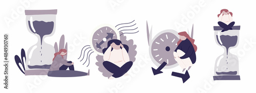 Cartoon woman sits on an hourglass. The female reproductive system. Broken Watch. Thoughts about pregnancy. The onset of menopause. Colorful vector illustration on a white isolated background.
