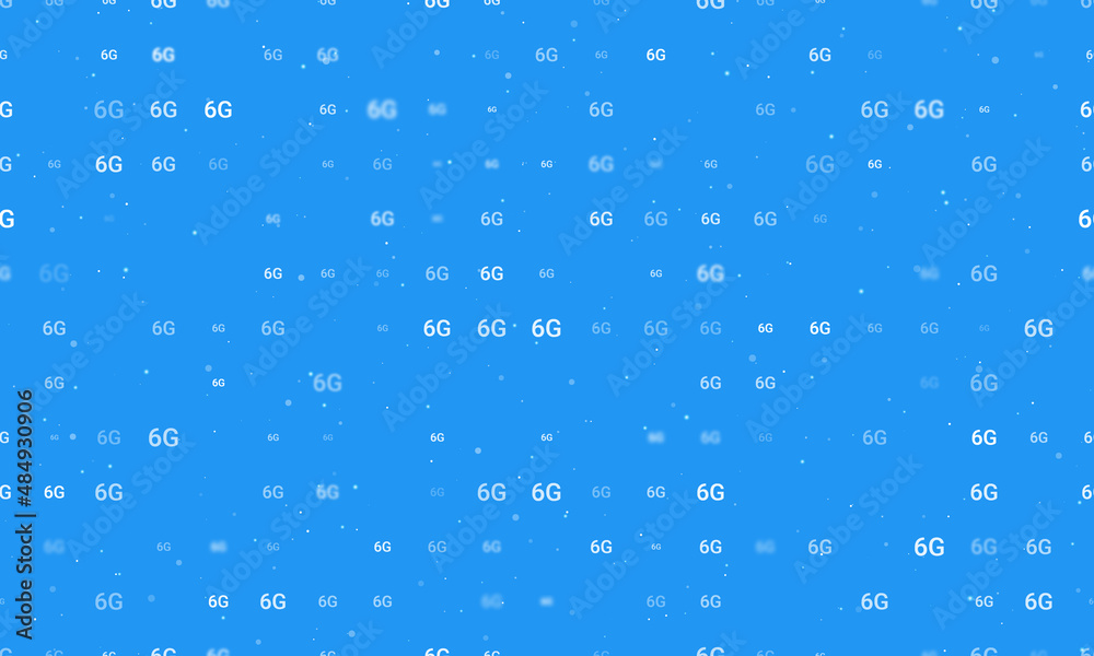 Seamless background pattern of evenly spaced white 6G symbols of different sizes and opacity. Vector illustration on blue background with stars Seamless background pattern of evenly spaced white 6G symbols of different sizes and opacity. Vector illustration on blue background with stars