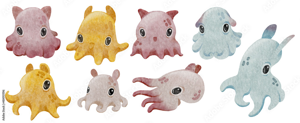 Cute kawaii watercolor Dumbo octopus collection. Children print sea  animals. Deep sea creature set. High quality illustration isolated on  white. ilustración de Stock | Adobe Stock