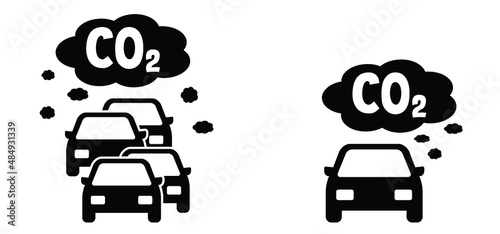 Cars and traffic CO2 clouds. traffic exhaust pollution icon. Vector pictogram or symbol. Car with smog. CO2 emissions. Carbon dioxide. Climate change and global warming. NOx or nitrogen oxides.