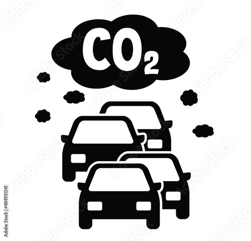 Cars and traffic CO2 clouds. traffic exhaust pollution icon. Vector pictogram or symbol. Car with smog. CO2 emissions. Carbon dioxide. Climate change and global warming. NOx or nitrogen oxides.