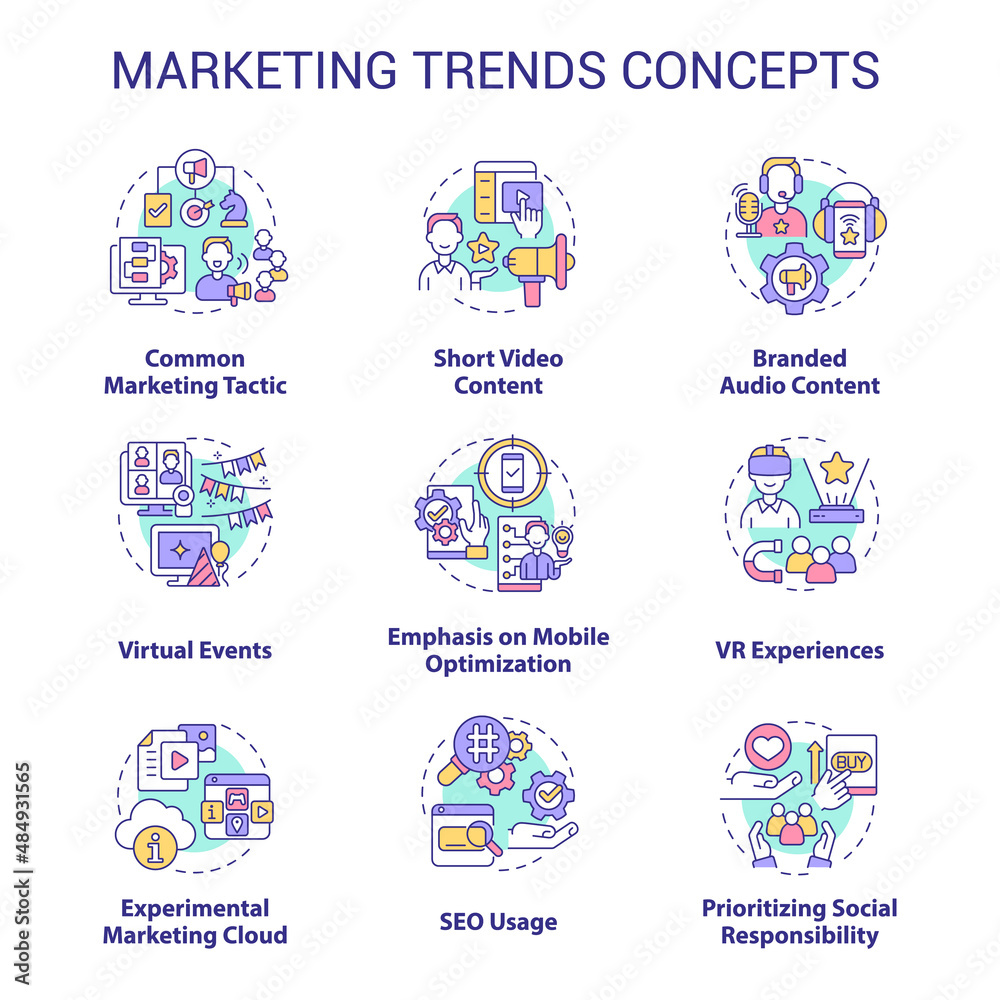 Marketing trends concept icons set. Current channels to promotion business. Customer engaging idea thin line color illustrations. Isolated symbols. Roboto-Medium, Myriad Pro-Bold fonts used