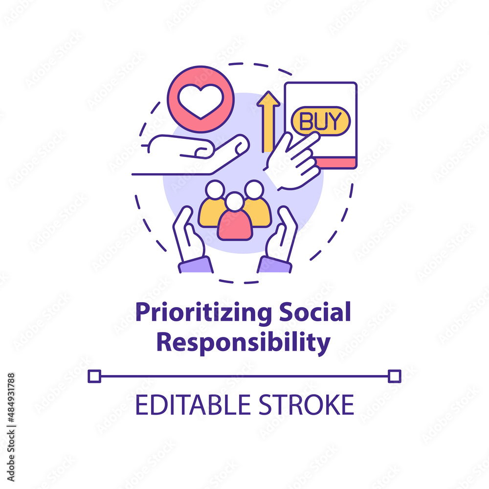 Prioritizing social responsibility concept icon. Current marketing trend abstract idea thin line illustration. Isolated outline drawing. Editable stroke. Arial, Myriad Pro-Bold fonts used
