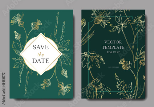 Vector wildflowers botanical flowers. Black and white engraved ink art. Wedding background card decorative border.