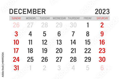 December 2023 calendar template. December 2023 layout. Printable monthly planner. Desk calendar design. Start of the week on Sunday.