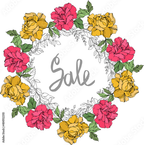 Vector Rose floral botanical flower. Yellow, red and violet engraved ink art. Frame border ornament square.
