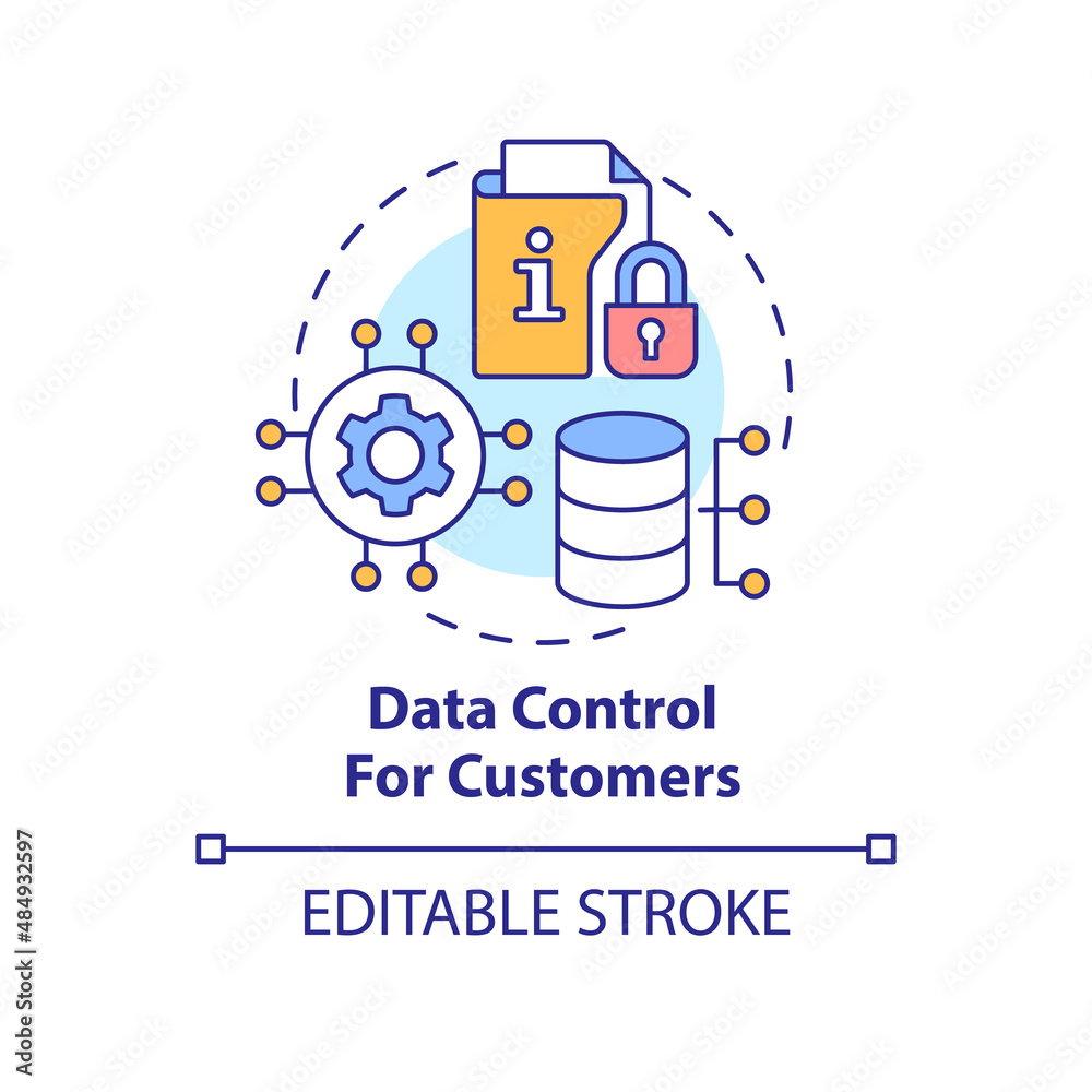 Data control for customers concept icon. Digital safety. Marketing trend abstract idea thin line illustration. Isolated outline drawing. Editable stroke. Arial, Myriad Pro-Bold fonts used Data control for customers concept icon. Digital safety. Marketing trend abstract idea thin line illustration. Isolated outline drawing. Editable stroke. Arial, Myriad Pro-Bold fonts used