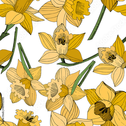 Vector Yellow Narcissus floral botanical flower. Engraved ink art. Seamless background pattern.