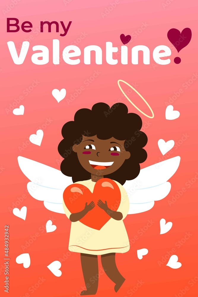 Fototapeta premium Happy Valentine's Day greeting card. Holiday congratulations. Baby girl cupid angel with wings. Pink and red gradient background. Cartoon style. Cute and funny. Love and romance. Little white hearts