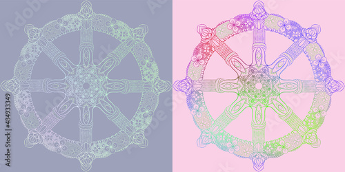 Buddhism dharma and samsara wheel in colorful decoration vector illustration