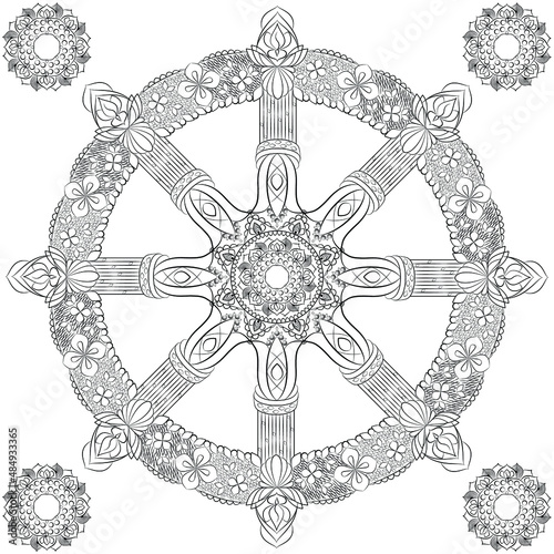 Buddhism dharma samsara wheel outline decorative ornate black on white background