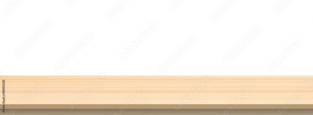 Empty wooden table top isolated on white background for product display montage