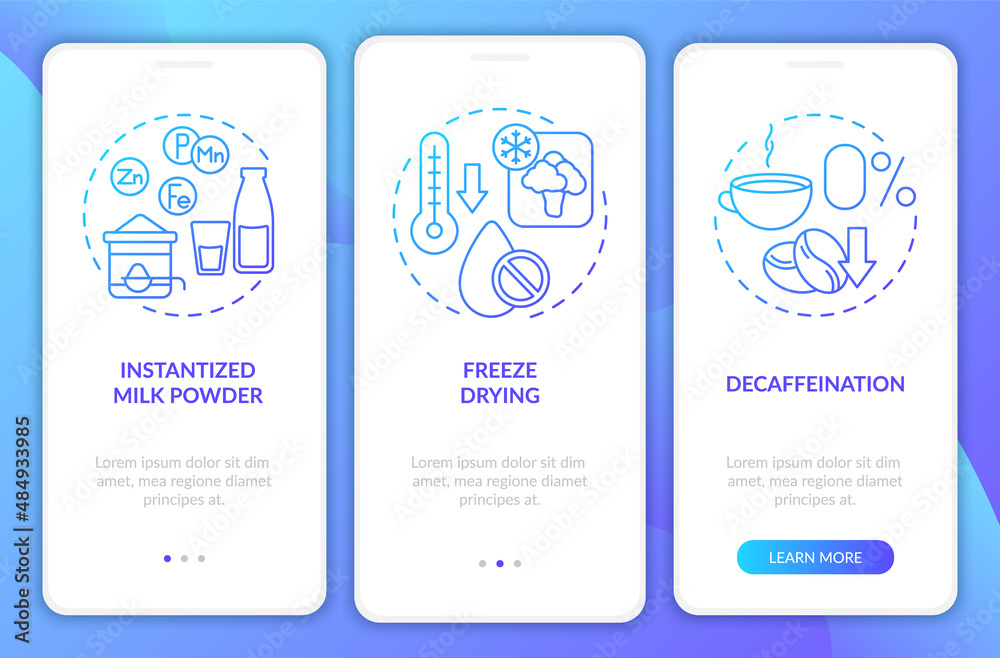 Food technology blue gradient onboarding mobile app screen. Processing walkthrough 3 steps graphic instructions pages with linear concepts. UI, UX, GUI template. Myriad Pro-Bold, Regular fonts used