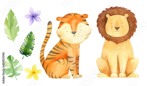 Photography Watercolor baby cartoon tiger and lion