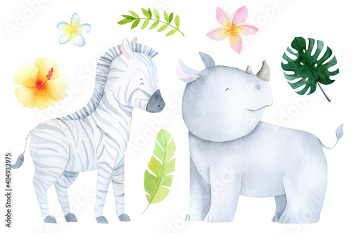 Watercolor baby cartoon zebra and rhinoceros. Tropical cute floral illustration. Jungle animals. Safari baby animals  cute childish baby shower illustration. Tropical flowers and leaves.