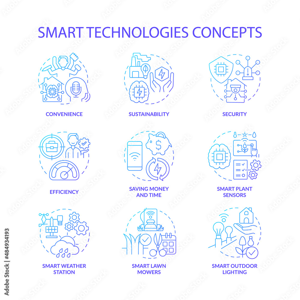 Smart technologies blue gradient concept icons set. Security and efficiency idea thin line color illustrations. Smart plant sensors. Isolated symbols. Roboto-Medium, Myriad Pro-Bold fonts used