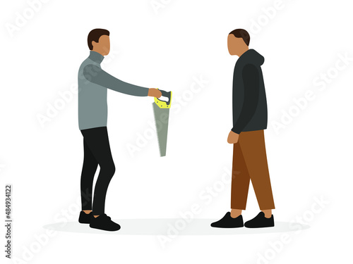 A male character gives a saw to another male character on a white background