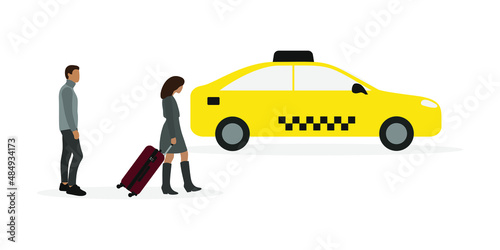 A female character with a suitcase on wheels goes to a taxi while a male character looks at it on a white background