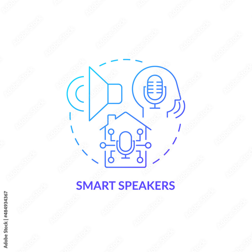 Smart speakers blue gradient concept icon. Smart home gadget abstract idea thin line illustration. Voice recognition service. Hands-free control. Isolated outline drawing. Myriad Pro-Bold font used