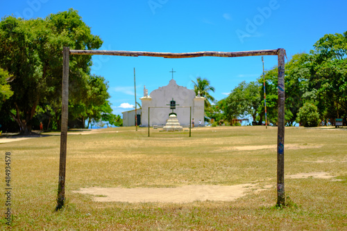 Photography Soccer posts in front of old church. Trancoso, Bahia, Brazil.