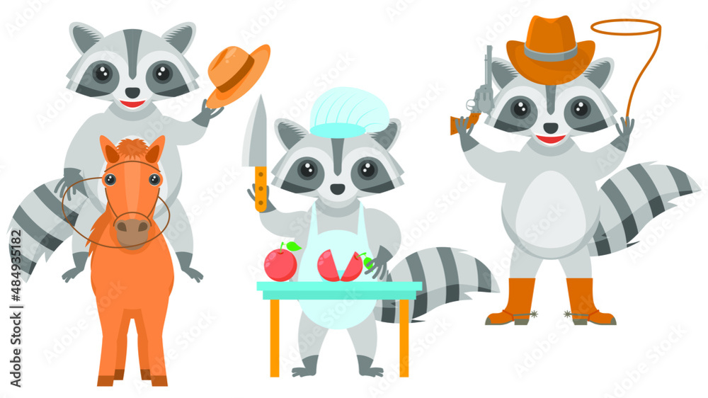 Fototapeta premium Set Abstract Collection Flat Cartoon Different Animal Raccons Riding A Horse, Cowboy With Revolver Lasso Boots And Hat, Chef Cuts Vegetables With A Knife Vector Design Style Elements Fauna Wildlife