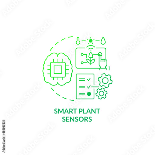 Smart plant sensors green gradient concept icon. Taking care of houseplants abstract idea thin line illustration. Innovative gardening accessories. Isolated outline drawing. Myriad Pro-Bold font used