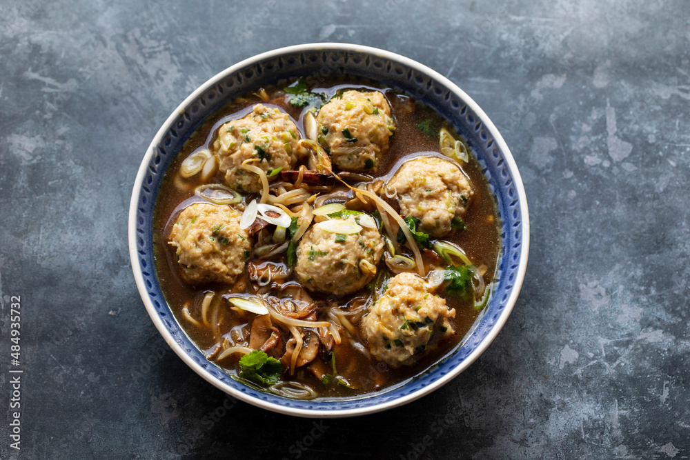 Hoisin duck broth with chicken dumplings Hoisin duck broth with chicken dumplings