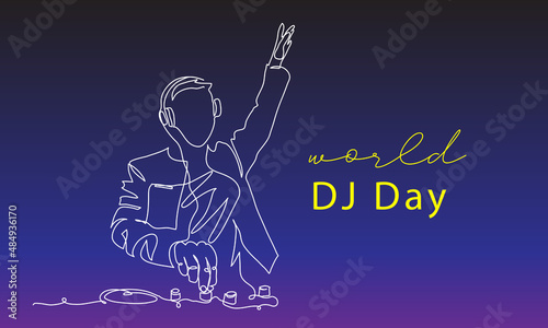 DJ day vector background, banner, poster. One continuous line art drawing illustration of dj
