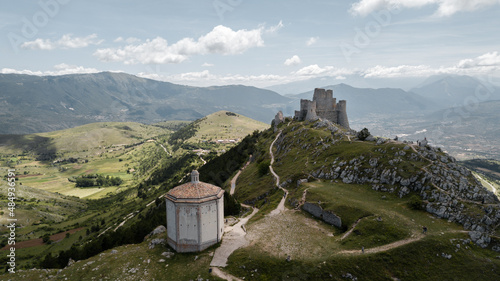 Rocca Calascio, mountaintop fortress or rocca in the Province of L'Aquila in Abruzzo, Italy, aerial