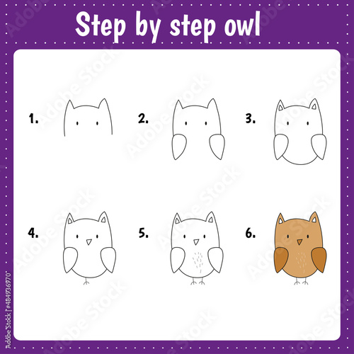 Drawing lesson for children. How draw owl. Drawing tutorial with funny animal. Step by step repeats the picture. Kids activity art page for book. Vector illustration.
