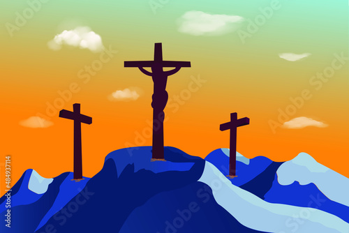 Vector landscape of religious theme for Christian religion, he is risen on Easter Sunday. Illustration of mountain Calvary and silhouette of three crosses and Jesus Christ hanging on cross at sunset
