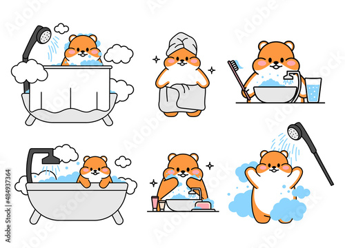 Set of cute drawn hamsters. Kawaii hamster washes and brushes his teeth, washes in the bath under the shower. Collection of avatars mascots funny character animal stickers. Vector stock illustration.