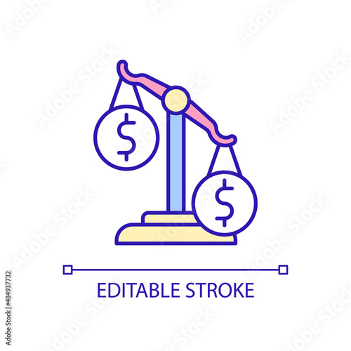 Economic imbalance RGB color icon. Financial instability and inequality. Budget comparison. Isolated vector illustration. Simple filled line drawing. Editable stroke. Arial font used