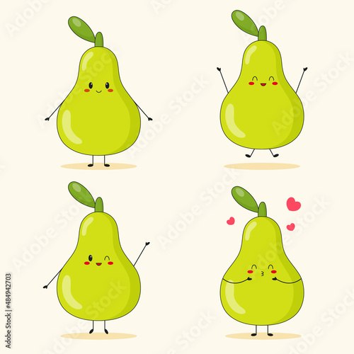 Collection of cute green pear characters in the different posing. Cartoon fruit character set on white background.