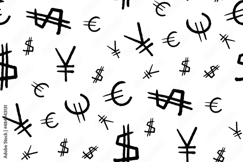 Black and white seamless pattern with symbols of world currencies dollar, euro and yen