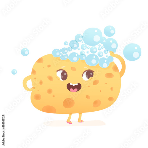 Cute yellow sponge character, kawaii washcloth emoji with soap bubbles for cleaning skin
