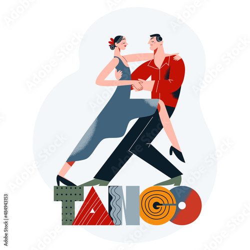 Tango dance with people dancers, sexy pose of lady in elegant dress and partner man