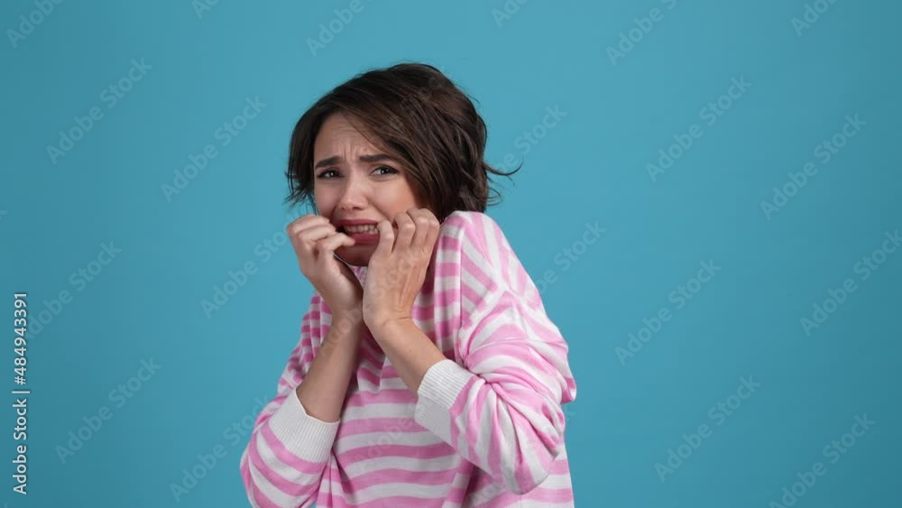 Lady look spooky movie frightened isolated sky light color background Lady look spooky movie frightened isolated sky light color background
