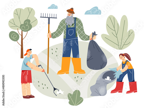 People volunteers clean park or garden from trash, ecologists man with kids volunteering