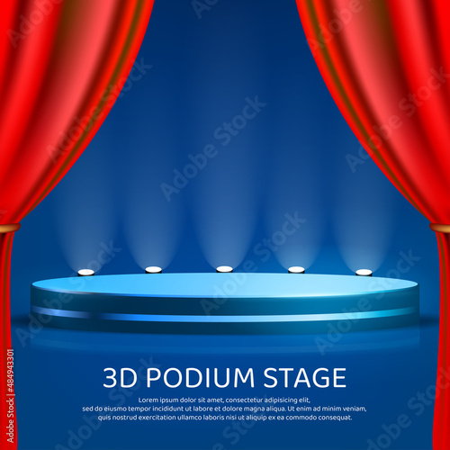 3d podium stage banner with red curtain vector
