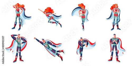 Superhero in costumes set. Cartoon comic heros with capes vector illustration. Man and woman with powers posing isolated on white background. Brave superboy and superwoman standing and flying