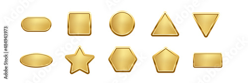 Gold button of different geometric shapes with frames and shine light effect set