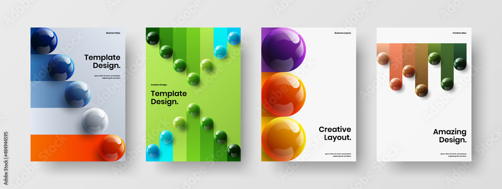 Geometric 3D balls front page layout composition. Premium placard design vector illustration set.