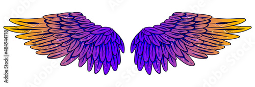 Beautiful magic glittery bright blue yellow angel wings, vector illustration