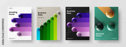 Vivid 3D balls placard template composition. Multicolored front page design vector illustration bundle.