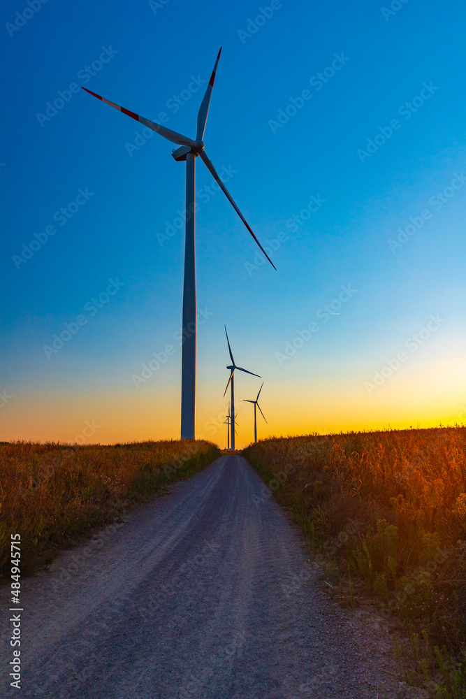 Obraz premium Wind Turbines Farm At sunset