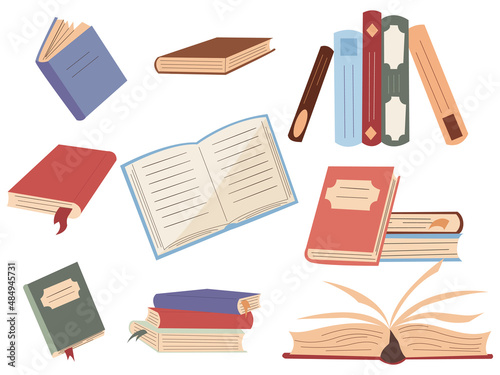 books lying in various positions, standing on shelves, educational literature books set